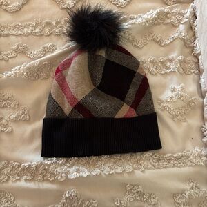 Rachel Zoe Plaid Pom-Pom Knit Beanie in Black, Gray & Burgundy